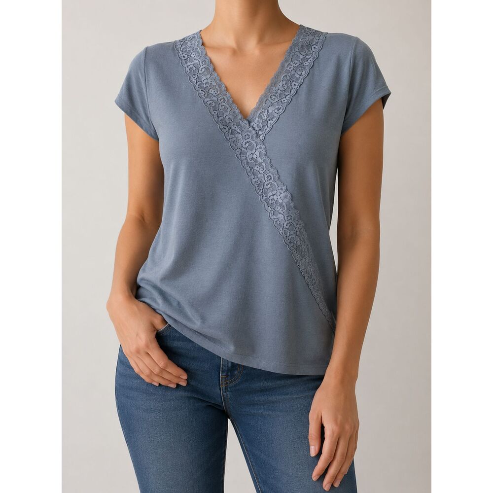 Attention Women’s Blue Lace Trim V-Neck Blouse Soft Stretch Casual Top XL